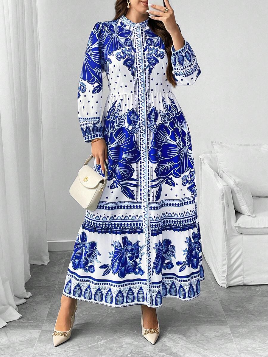 SHEIN Privé Plus Size Placement Print Puff Sleeve Button Down Midi