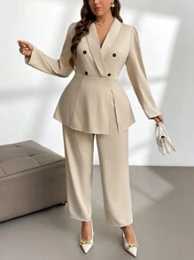 Firerie 大码女士优雅简约时尚商务办公室通勤双排扣西装外套和高腰直筒裤套装，秋冬