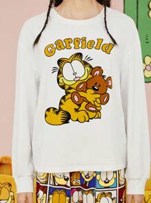 GARFIELD | SHEIN 女款白色圣诞跨年可爱卡通字母格子印花落肩宽松长袖上衣直筒裤睡衣套装冬季女睡衣套装节日秋季新年装秋装 - 白色 - 查看 7