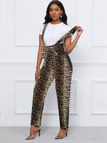 Zolique Mono para mujer con estampado de leopardo, cintura anudada y bolsillos