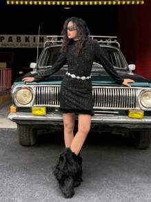 SHEIN Vestido negro elegante y casual con cuello alto de lentejuelas, dobladillo con borde de piel, silueta ajustada, adecuado para fiesta y uso diario, otoño, para niñas y adolescentes