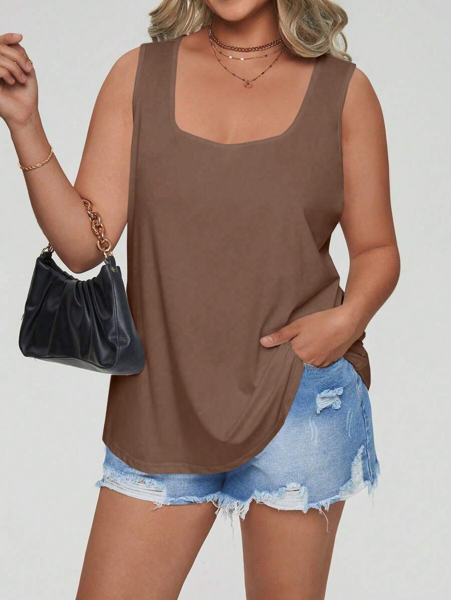 Calvaya Plus Size Solid Color Round Neck Casual Tank Top - Khaki - View 1
