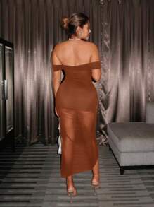 SHEIN SXY Vestido con hombros descubiertos, abertura alta en la pierna, vestido de fiesta para primavera, ropa de mujer, vestido de graduación, vestido del Día de San Valentín, vestido para cita nocturna, vestido para despedida de soltera