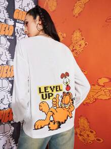 GARFIELD | SHEIN 女士休闲卡通字母印花落肩宽松白色长袖 T 恤，春秋 - 白色 - 查看 3