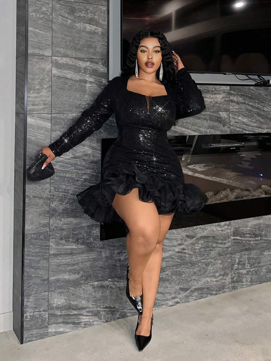 Slaydiva 情人节奢华派对大码女式亮片网眼拼布褶饰美人鱼连衣裙 - 黑色 - 查看 1