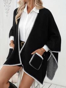 SHEIN LUNE Oversized Two-Tone Poncho Cape Style Loose Knit Cardigan, European/American Streetwear Vibe - Black - View 3