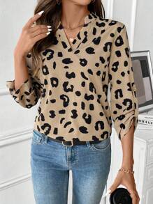 SHEIN Unity 女士豹纹 V 领长袖衬衫，适合日常休闲穿着 - 彩色 - 查看 4