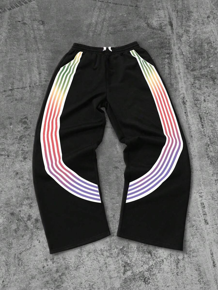 PAVTROS 男士宽松口号图案抽绳腰运动裤，男朋友礼物，街头风格长款宽松拼色运动裤，适合丈夫 - 黑色 - 查看 1