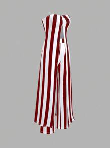 SHEIN Unity 2 pièces/Set Débardeur bandeau fendu avec ourlet plissé rayé et pantalon à coupe aléatoire pour femme - Multicolore - Voir 3