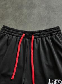 Sport MetroGents 男友风男士字母印花抽绳腰部宽松休闲健身运动短裤 - 黑色 - 查看 5