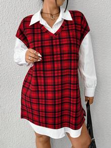 SHEIN EZwear Plus Size Plaid Vest & Casual White Shirt 2pcs Set - Red - View 5