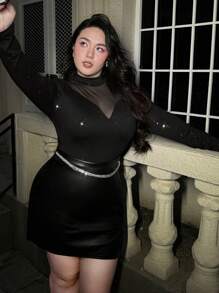 SHEIN Privé T-shirt à manches longues col montant avec contraste de résille grande taille - Noir - Voir 1