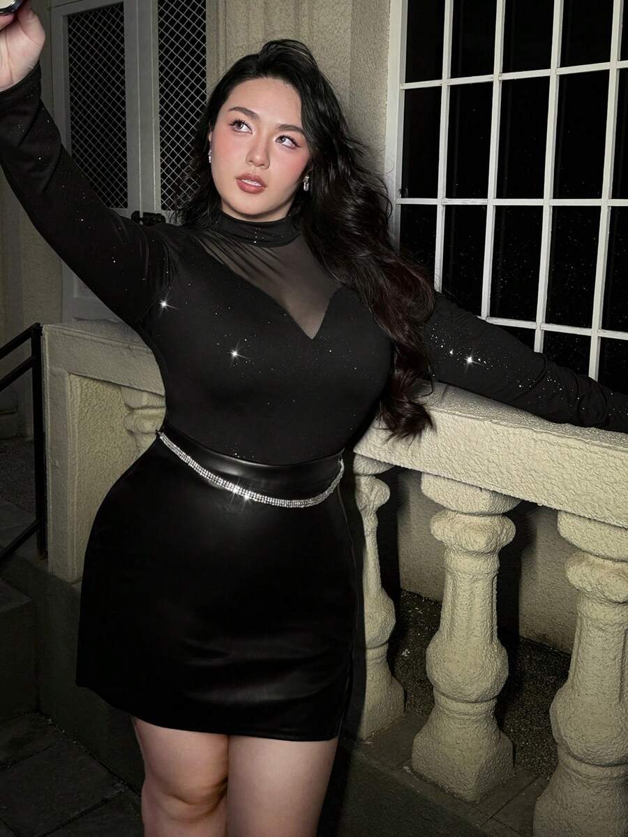 SHEIN Privé T-shirt à manches longues col montant avec contraste de résille grande taille - Noir - Voir 1