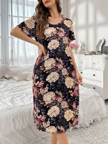 Conjunto de camiseta de manga corta con estampado floral y camisón largo para mujer