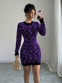 Elenzga Women Casual Leopard Print Backless Long Sleeve Wrap Dress