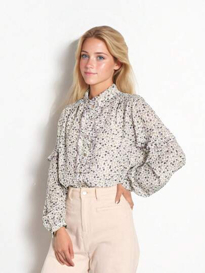 Simple Retro Women's Autumn And Winter Casual Small Stand-Up Collar Full Width Printing Collision Purple Retro Elegant Fit Long-Sleeved Shirt