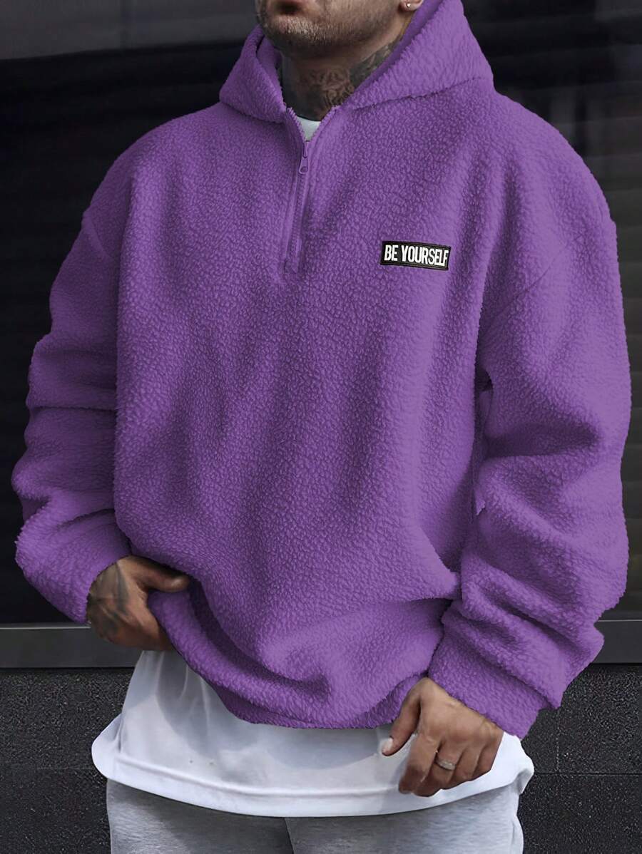 Manfinity Homme Loose Men's Letter Patched Half Zip Up Teddy Sweatshirt - Purple - View 1