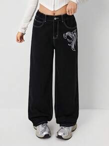 SHEIN TEEN GIRL Y2K Urban Street Chic Flame Graphic Embroidery Detail Half Elastic Waist Classic 5 Pockets Low Waist Loose Jeans With Contrast Seam, Chic Girls Must_have Versatile Fashion Item