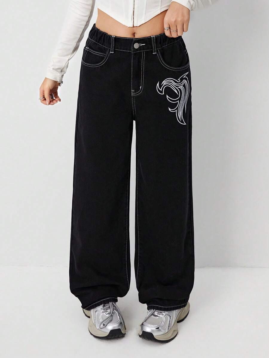 SHEIN TEEN GIRL Y2K Urban Street Chic Flame Graphic Embroidery Detail Half Elastic Waist Classic 5 Pockets Low Waist Loose Jeans With Contrast Seam, Chic Girls Must_have Versatile Fashion Item