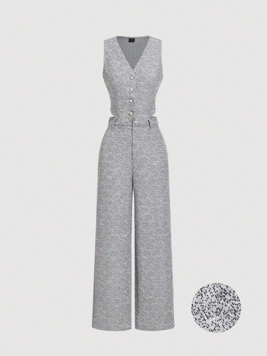 SHEIN MOD Conjunto de traje elegante para mujer con chaleco y pantalón de pierna recta en color negro y blanco para otoño/invierno - Blanco y Negro - Ver 1