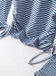 SHEIN BASICS Áo thun nữ cổ tròn kẻ sọc dệt kim dài tay có dây rút bên hông ôm sát - Xanh và trắng - Xem 6