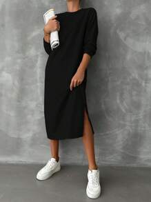 EURMUSE Cotton Women's Drop Shoulder Split Hem Sweatshirt Dress - Black - View 3