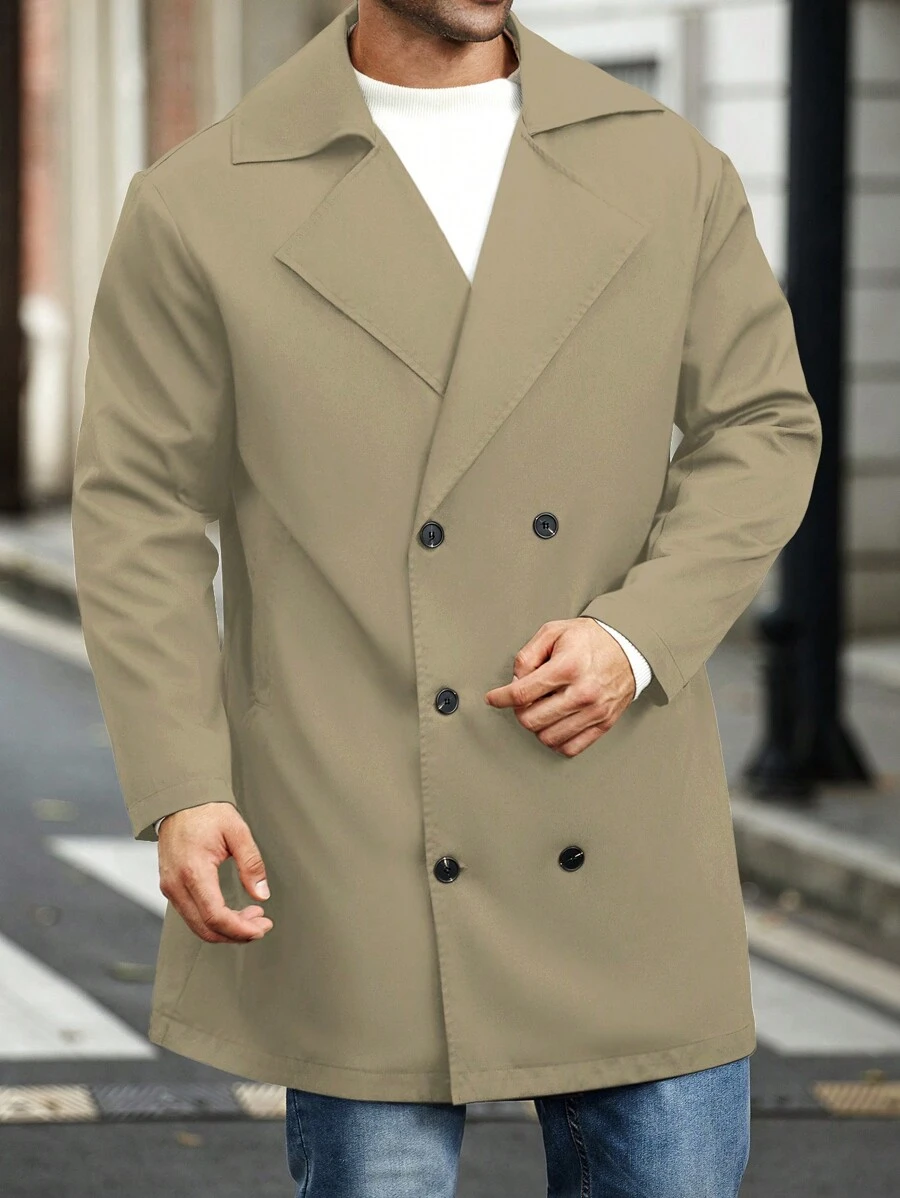 Manfinity Homme Plus Size Men Plain Front Button Long Sleeve Casual Trench Coat, Daily Wear - Apricot - View 1