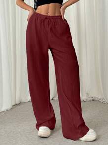 Muchica 女士休闲纯色抽绳腰部纹理宽松长裤 - 酒紅色 - 查看 4