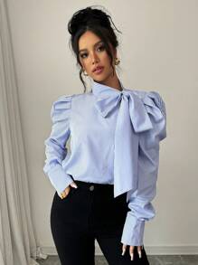 Selianne 蝴蝶结装饰羊腿袖条纹休闲衬衫、长袖上衣