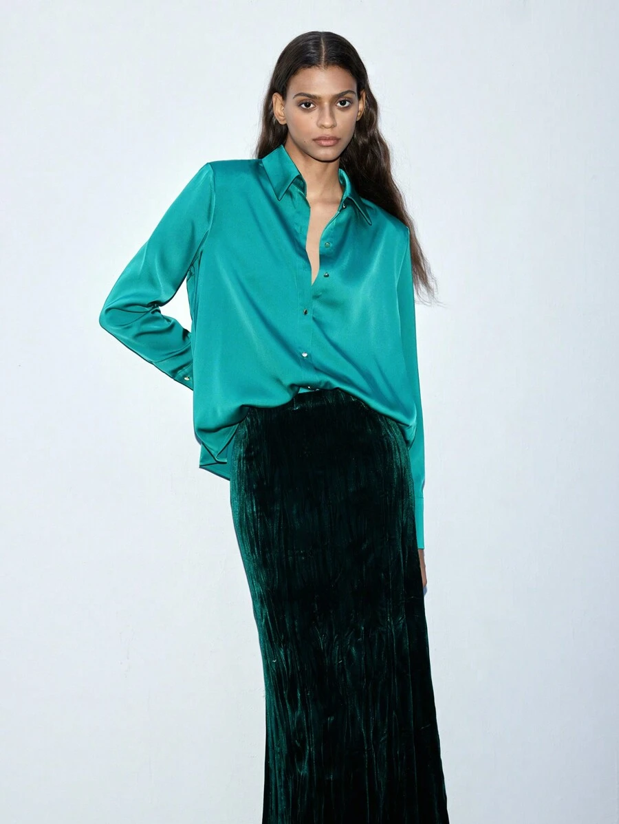 Maija Blusa casual de mujer de satén de color verde turquesa elegante, apropiada para primavera y verano - Verde Oscuro - Ver 1