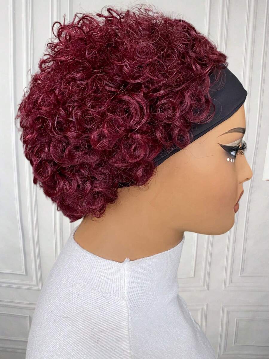 6 Inch 99J Short Curly Headband Wig For Women 100 Remy Human Hair