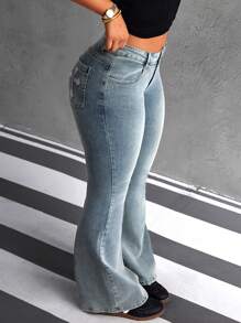 SHEIN ICON Quần Jeans Ống Loe Túi Chéo Cho Nữ Thường Ngày Đa Năng - Màu xanh lam - Xem 2