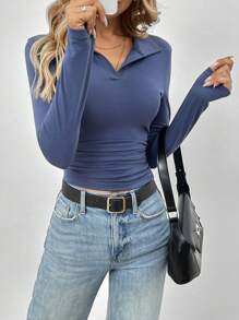 SHEIN LUNE Áo thun dài tay cổ polo retro thường ngày thập niên 90 dành cho nữ, màu xám đậm, mùa thu - Màu xám đen - Xem 5