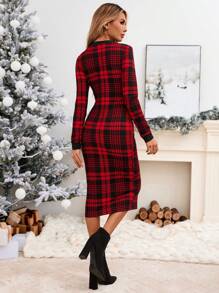 SHEIN LUNE 圣诞红色格子修身中长连衣裙，配撞色饰边，冬季圣诞连衣裙女士圣诞连衣裙圣诞服装圣诞派对连衣裙女士连衣裙新年 - 紅色 - 查看 2