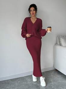 Selianne Women Plain Front Button Long Sleeve Casual Top And Skirt Set Fall Winter Cloth For Women - Burgundy - View 6