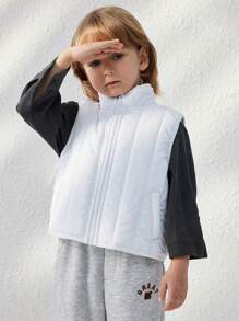 Blossori Young Boys Elegant Loose Beige Quilted Zip-Up Vest, Autumn/Winter - White - View 3