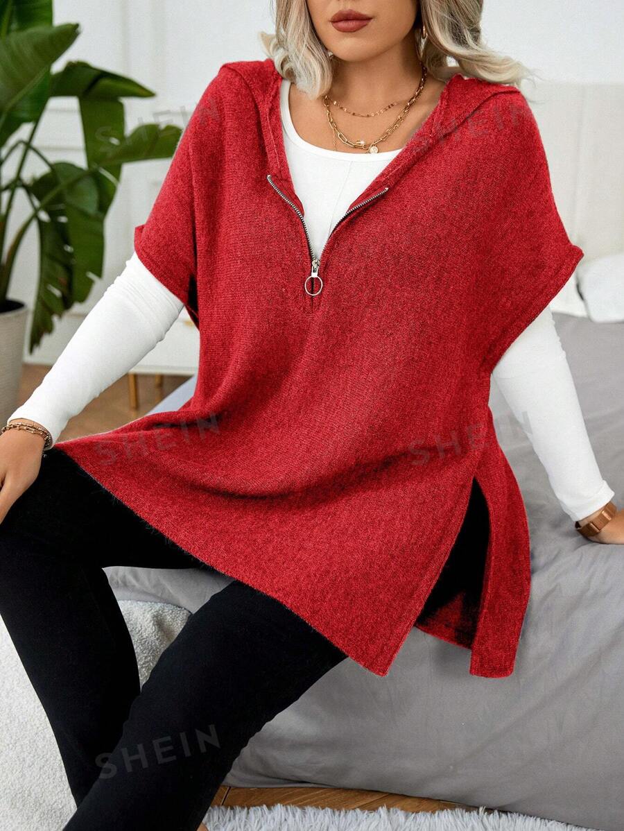 EMERY ROSE Chaleco con capucha de manga murciélago con cremallera y minimalista para tallas grandes, ropa de Año Nuevo