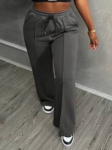 Slaydiva Women's Solid Color Front Tie Simplistic Casual Sports Pants, For Daily Wear - Dark Grey - View 3