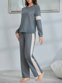 Lazeform Conjunto de sudadera y pantalones de estar en casa con bloqueo de color y empalme, estilo casual Ins para damas