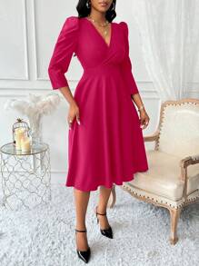 Lunelith SHEIN Lunessa V 领收腰 3/4 泡泡袖 A 字形女式连衣裙 女式长款服装 - 玫紅色 - 查看 5