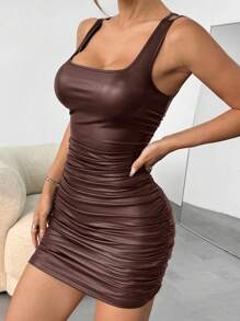 SHEIN EZwear Women's New Elastic Ruched Leather Dress