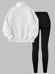 SHEIN Set de 2 piezas para niñas preadolescentes que incluye sudadera con cuello alto con estampado de letras y gráficos forrada térmicamente, y leggings negros para deporte, para otoño/invierno