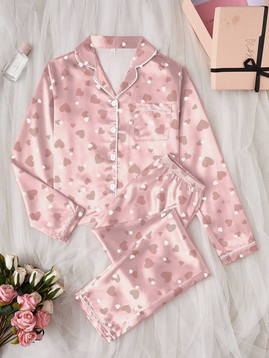 SHEIN Explorewe 2 pièces Set pour adolescentes, haut tunique à manches longues et col cranté rose décontracté avec pantalon long pour la détente - Rose bonbon - Voir 1