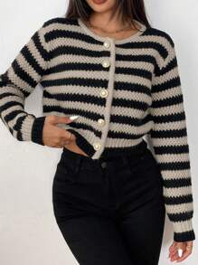 SHEIN PETITE 女士休闲日常条纹纽扣前开衫，秋冬 - 摩卡棕 - 查看 1