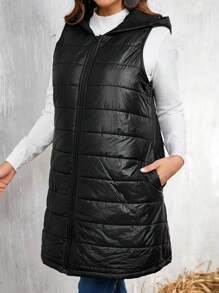 SHEIN LUNE Plus Size Solid Color Front Zipper Sleeveless Minimalist Hooded Casual Padded Padded Coat Clothes Winter - Black - View 6