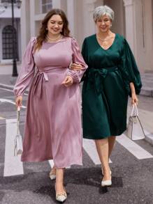 EMERY ROSE 大码纯色 V 领长袖前系带优雅短款妈妈绿色冬装 - 墨綠色 - 查看 3