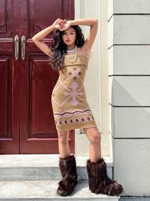 SHEIN Y2K Style Transparent Strap Contrast Color Jacquard Pattern Snug Fit Dress For Teenage Girls, Suitable For Dates, Gatherings, And Daily Commute