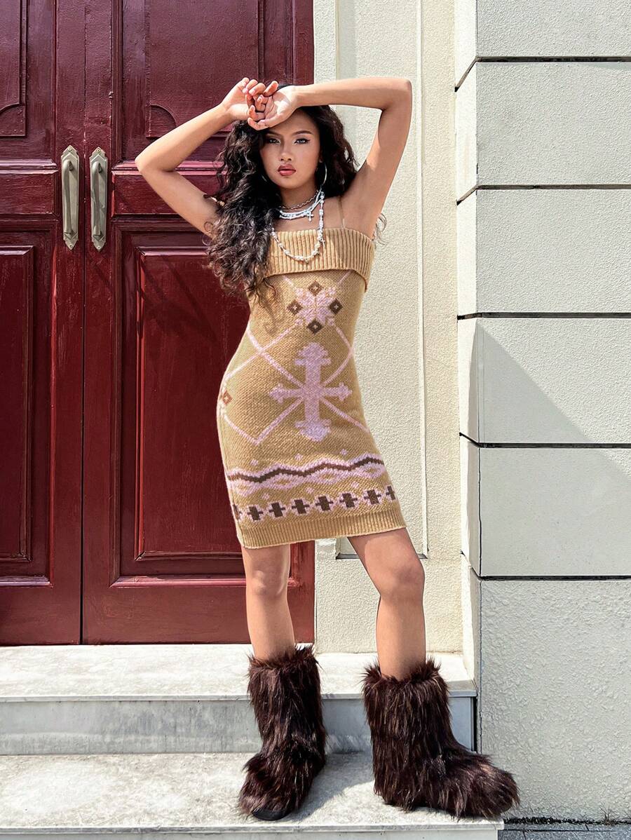 SHEIN Y2K Style Transparent Strap Contrast Color Jacquard Pattern Snug Fit Dress For Teenage Girls, Suitable For Dates, Gatherings, And Daily Commute