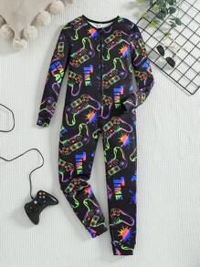 Tween Boy Video Game Fluorescent Graphic Zip Front Long Sleeve Jumpsuit Home Wear, Snug Fit