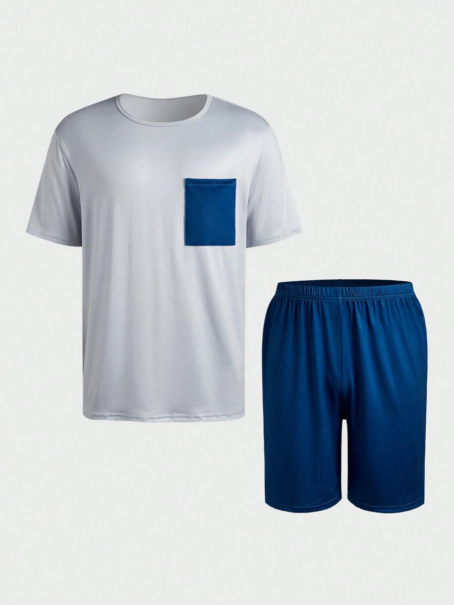 2pcs Men Casual Color Block Round Neck Short Sleeve Top And Shorts Lounge Wear Set - Multicolor - View 1